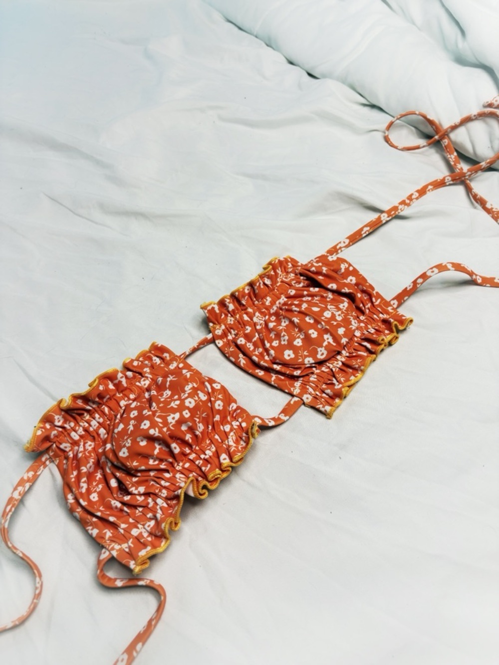 SHEIN Orange Floral Ruffle Tie-Back Bikini Top